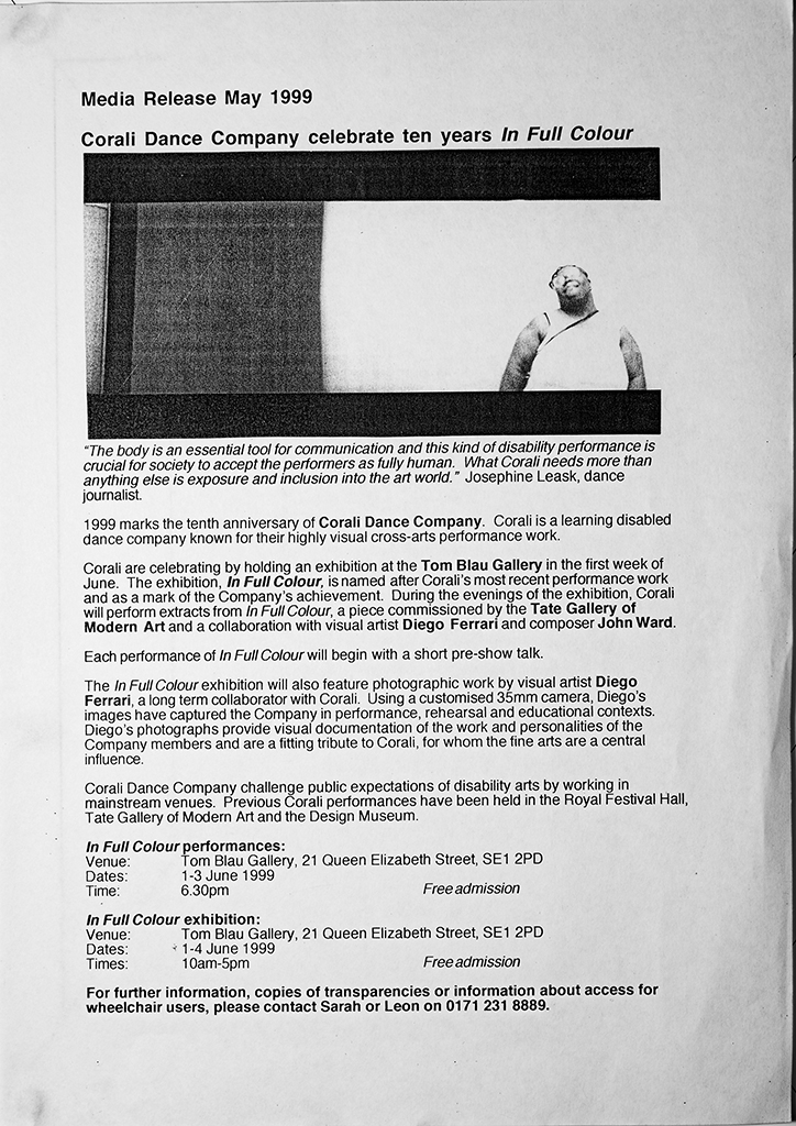 A photocopied press release for In Full Colour 1999